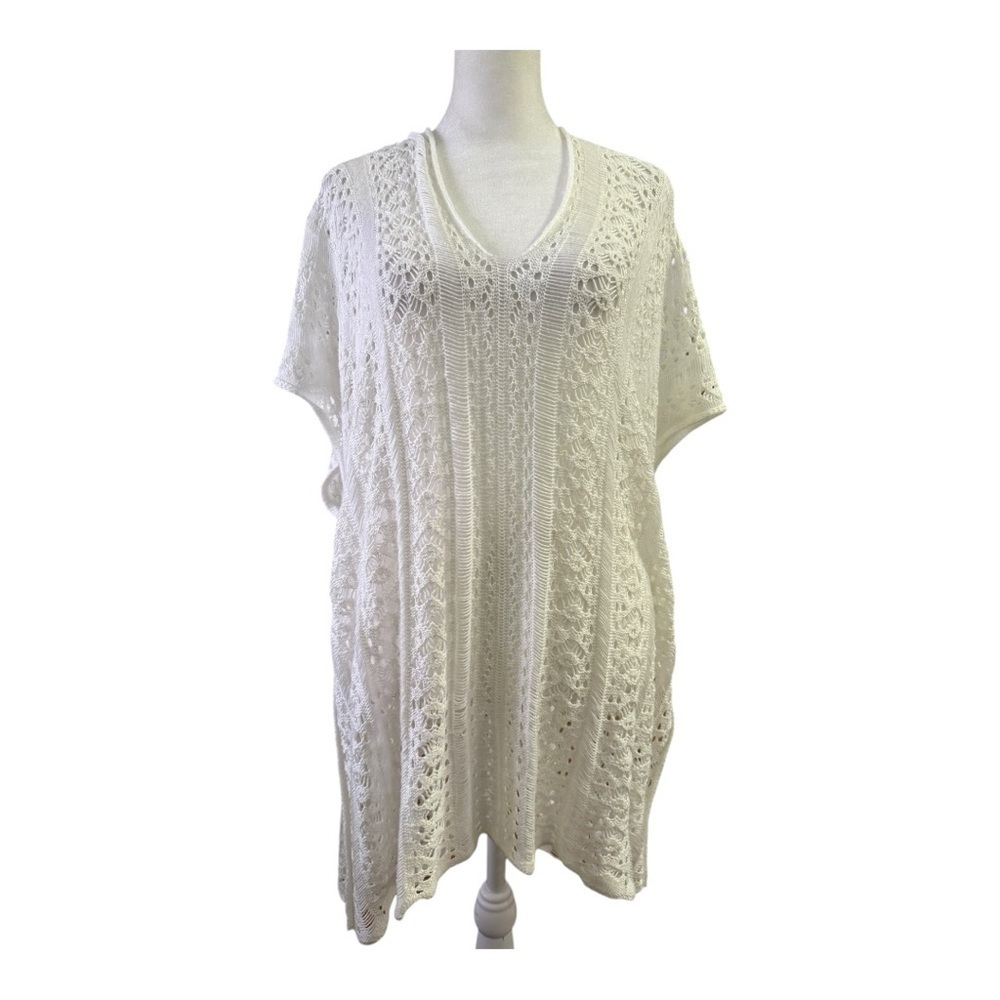 Beach Pool White Crochet Knit Coverup Poncho One Size Fits Most
